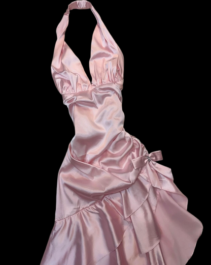 Halter V Neck Pink A Line Ruffled Prom Dress Satin Party Dress  J9800