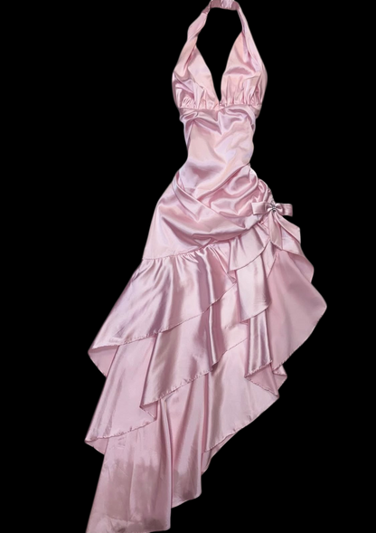 Halter V Neck Pink A Line Ruffled Prom Dress Satin Party Dress  J9800