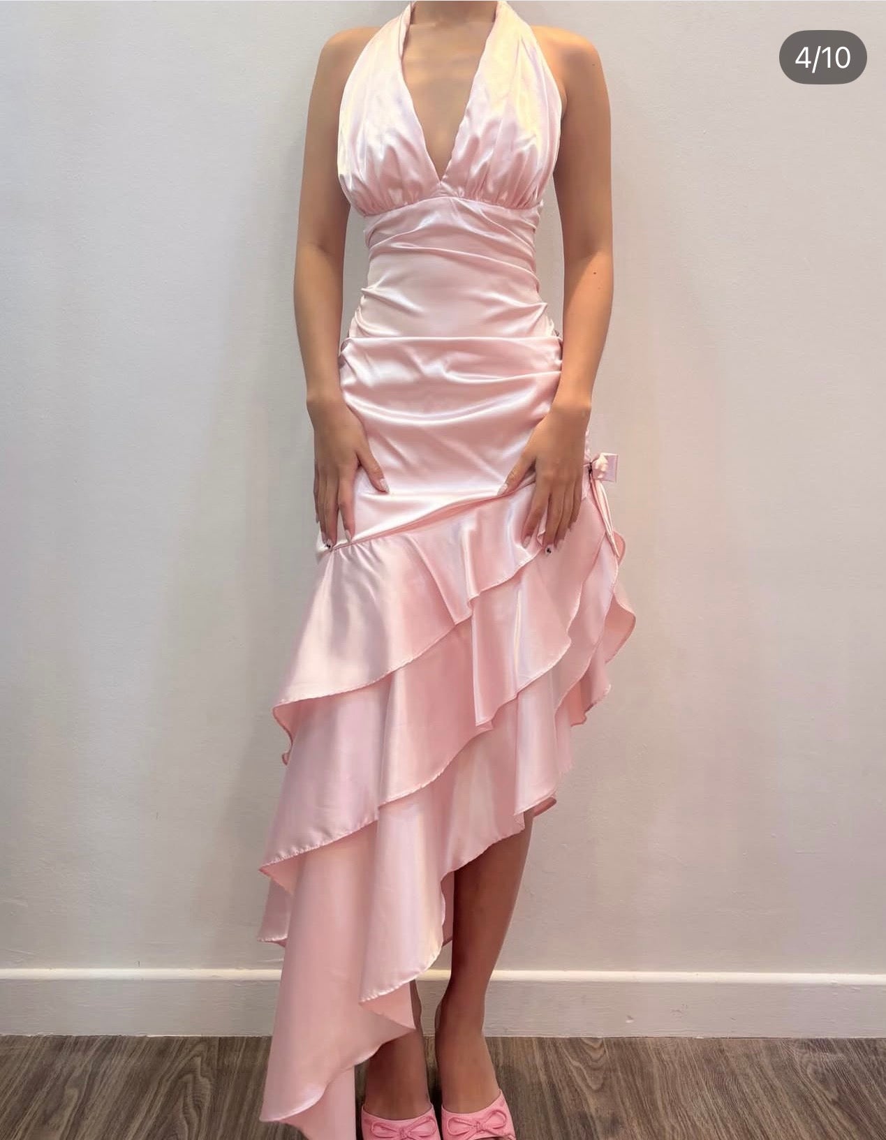 Halter V Neck Pink A Line Ruffled Prom Dress Satin Party Dress  J9800
