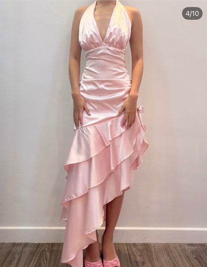 Halter V Neck Pink A Line Ruffled Prom Dress Satin Party Dress  J9800