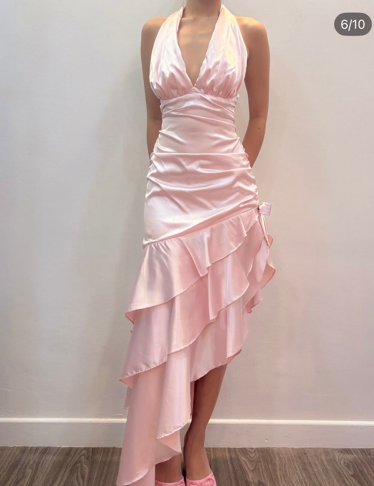 Halter V Neck Pink A Line Ruffled Prom Dress Satin Party Dress  J9800