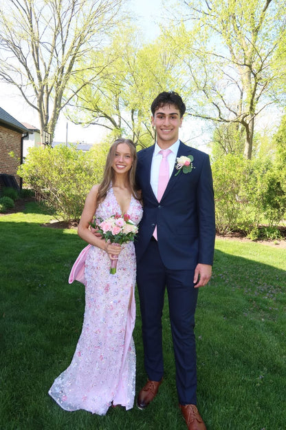 Halter V Neck Pink Mermaid Floral Dress With Slit  J11693