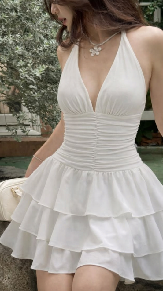 Halter White A Line Layered Homecoming Dress Ruffled Short Dress  J11056