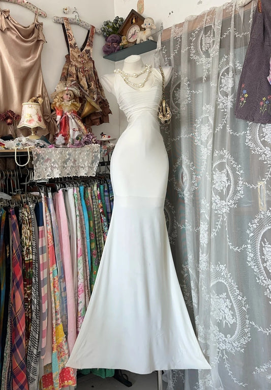 Halter White Mermaid Evening Dress Backless Prom Dress  J10397