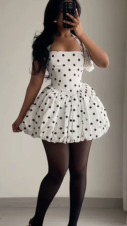 Halter White Polka Dot Birthday Dress A Line Homecoming Dress  J11282