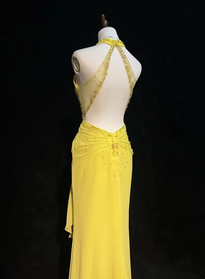 Halter Yellow Chiffon Prom Dress Backless Formal Evening Dress J9834