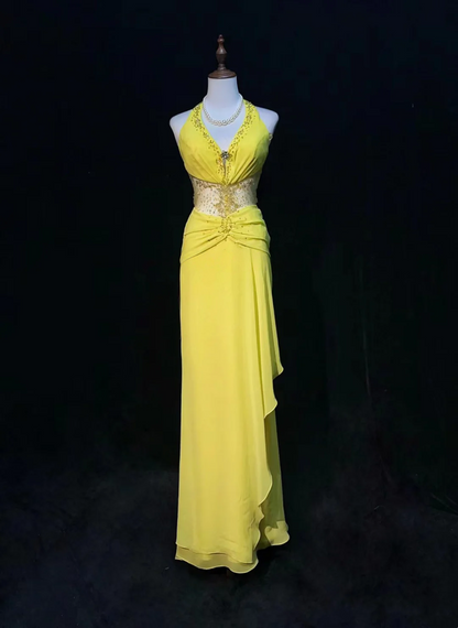 Halter Yellow Chiffon Prom Dress Backless Formal Evening Dress J9834