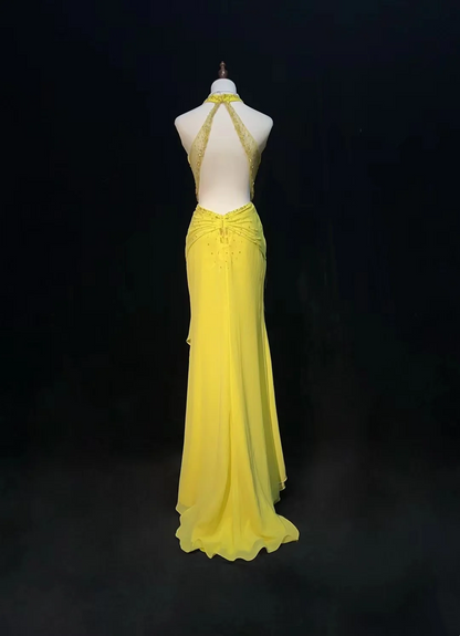Halter Yellow Chiffon Prom Dress Backless Formal Evening Dress J9834