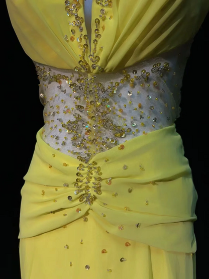Halter Yellow Chiffon Prom Dress Backless Formal Evening Dress J9834
