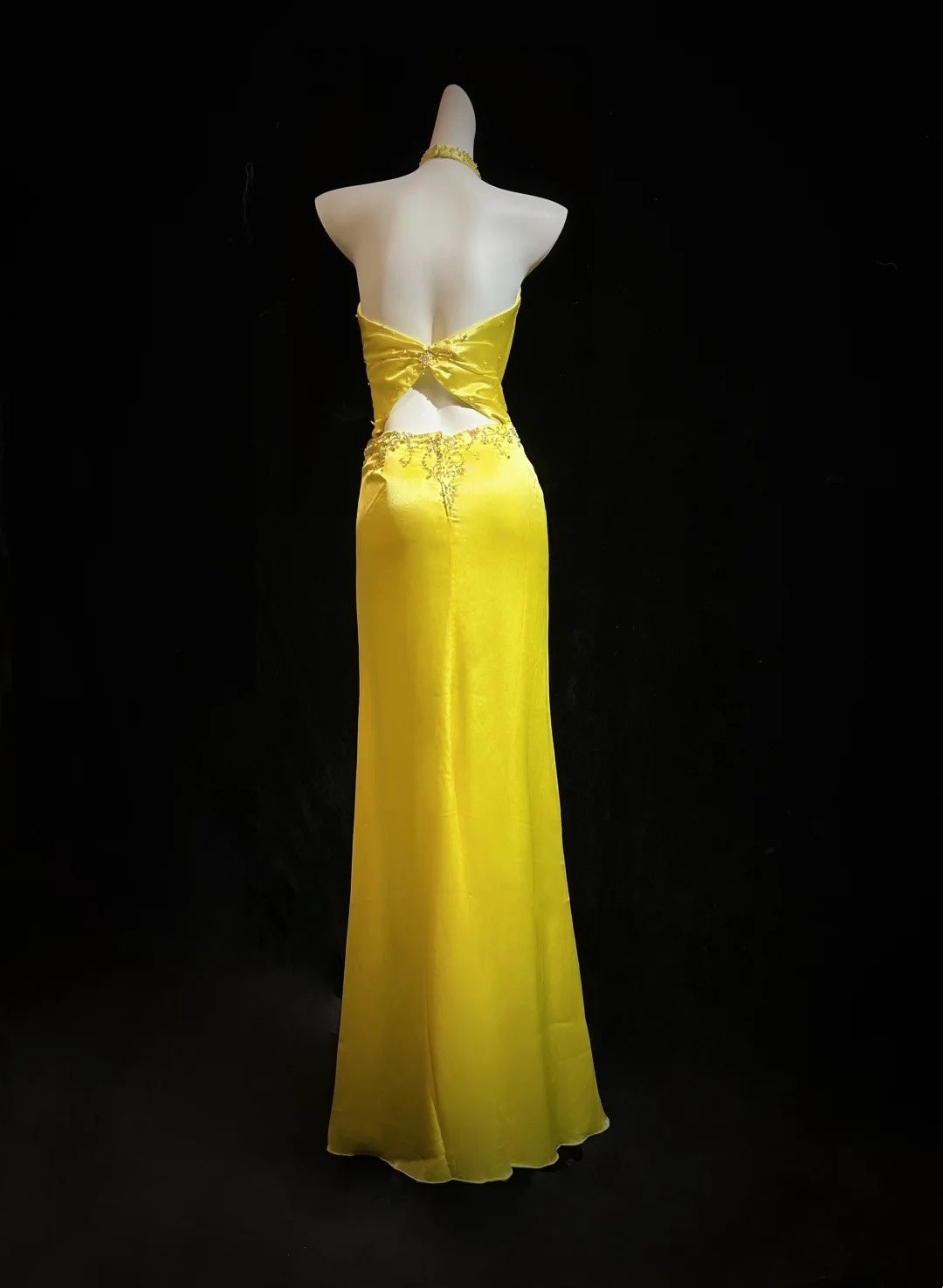 Halter Yellow Satin Prom Dress With Slit Retro Evening Gown  J10564