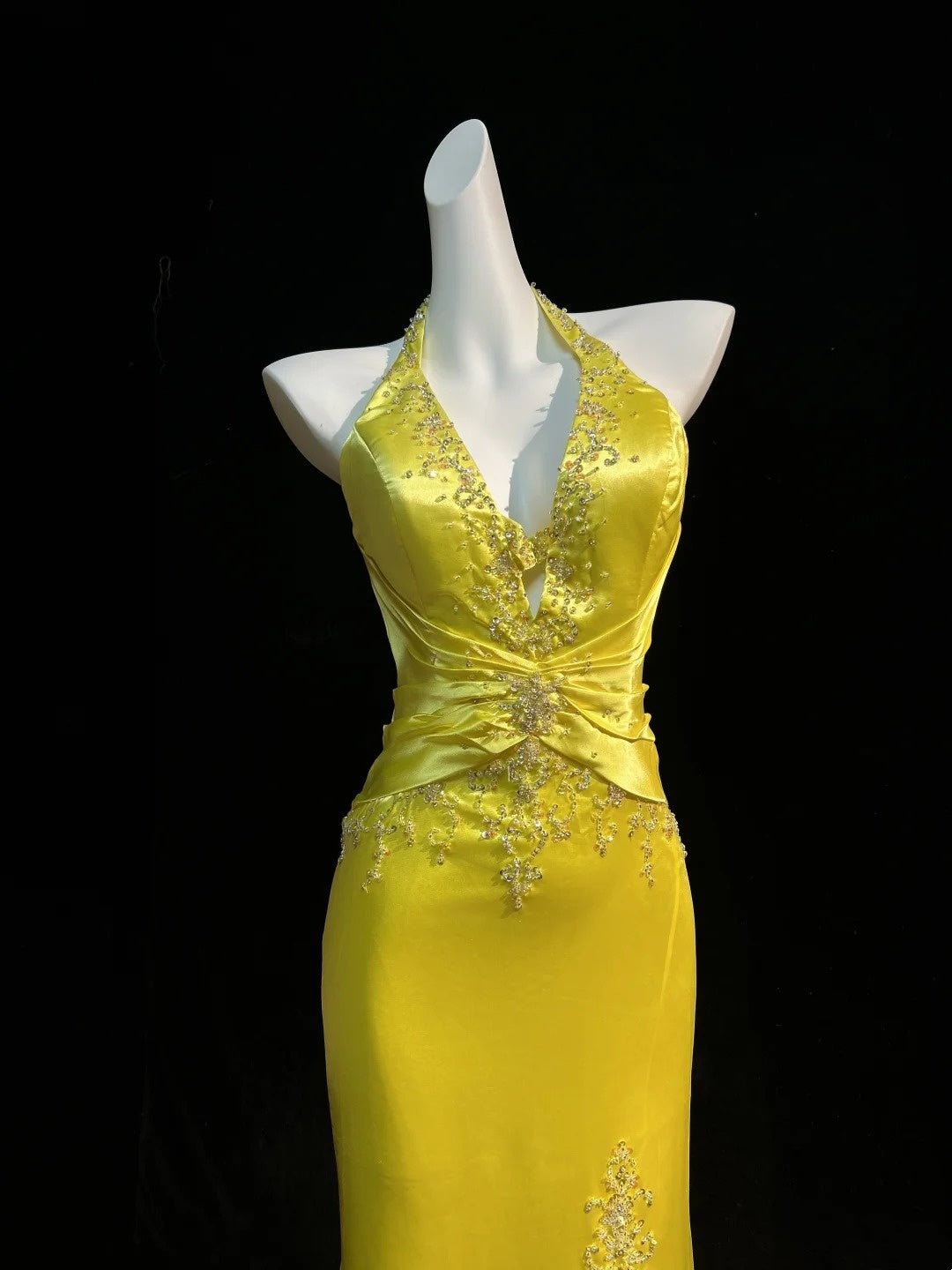 Halter Yellow Satin Prom Dress With Slit Retro Evening Gown  J10564