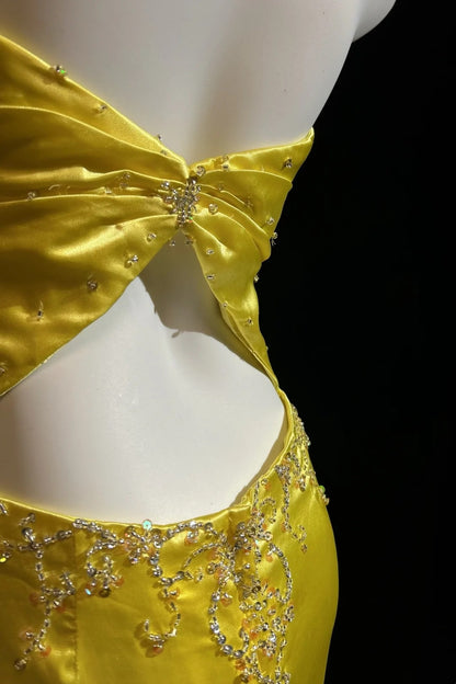Halter Yellow Satin Prom Dress With Slit Retro Evening Gown  J10564