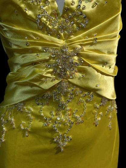 Halter Yellow Satin Prom Dress With Slit Retro Evening Gown  J10564