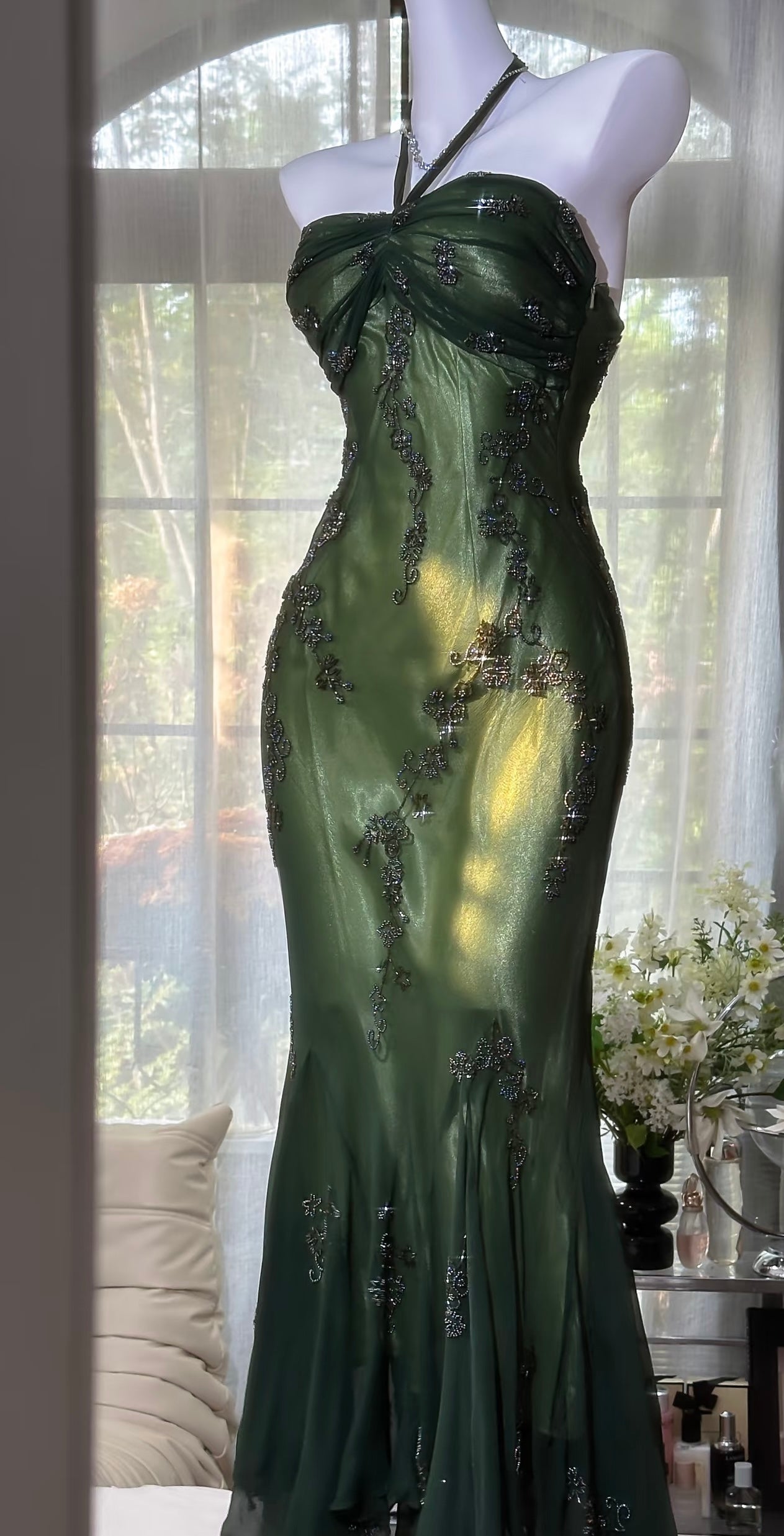 Halter Beaded Long Prom Dress Green Vintage Evening Dress J8597