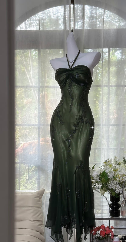 Halter Beaded Long Prom Dress Green Vintage Evening Dress J8597