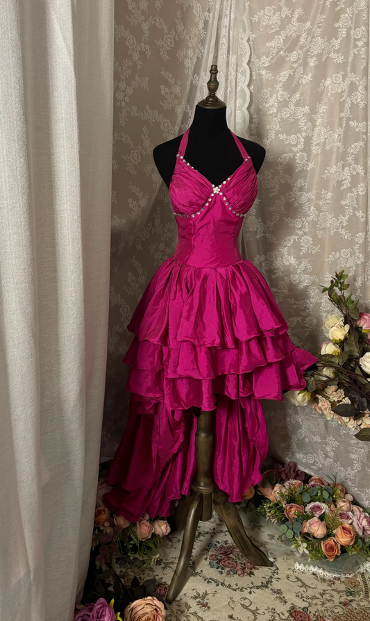 Hot Pink Halter A Line Birthday Dress Layered Formal Prom Dress  J10005