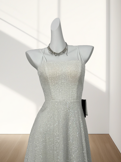 Trägerloses silbernes Vintage-Abendkleid, A-Linie, Geburtstagskleid J9370