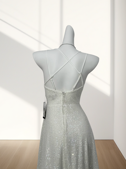 Trägerloses silbernes Vintage-Abendkleid, A-Linie, Geburtstagskleid J9370