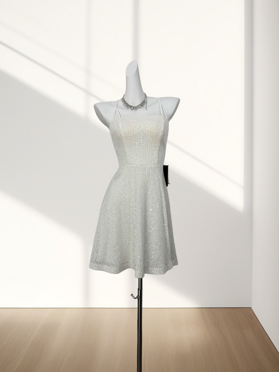 Trägerloses silbernes Vintage-Abendkleid, A-Linie, Geburtstagskleid J9370