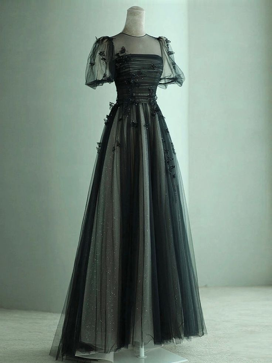 A Line Tulle Long Prom Dress Black Formal Evening Dress 2405