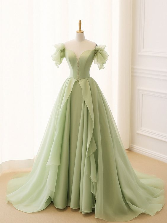 Green A Line Tulle Long Prom Dress V Neck Long Formal Dress 2422