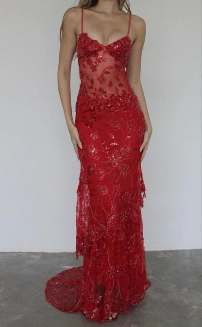 Spaghetti Straps Red Long Prom Dresses Sheath Evening Dress 2451