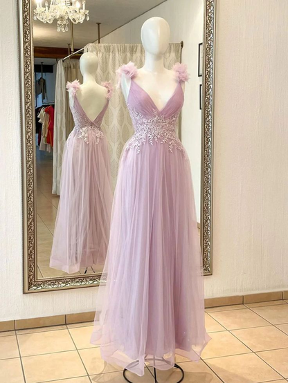 A-Linie V-Ausschnitt Tüll Ballkleid Langes Partykleid 2423