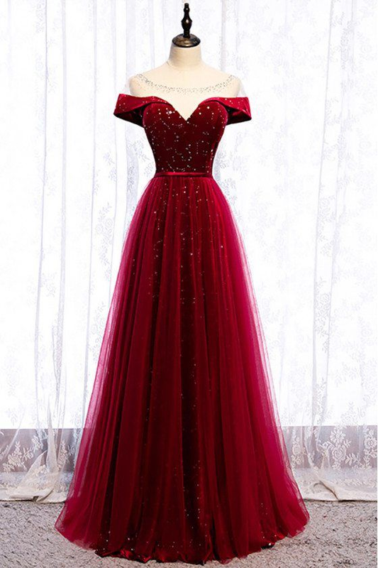 Off The Shoulder Burgundy Formal Long Prom Dress A Line Velvet Evening Dress 2439