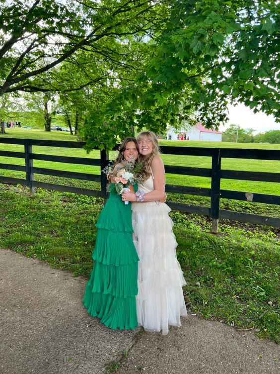 A Line Strapless Green Long Prom Dress Layered Formal Party Dress 2489