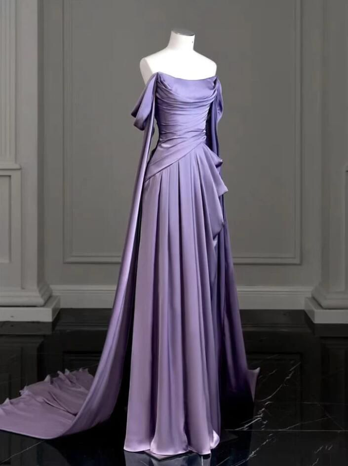 Elegant A Line Purple Satin Long Prom Dresses Formal Party Gown 2437