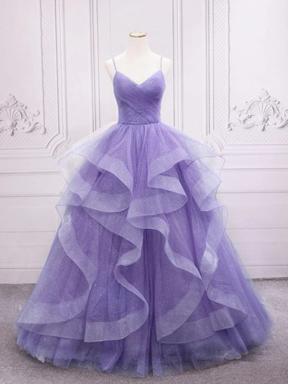 Spaghettiträger Hellviolett Langes Ballkleid A-Linie Lagenkleid Geburtstagspartykleid 2410