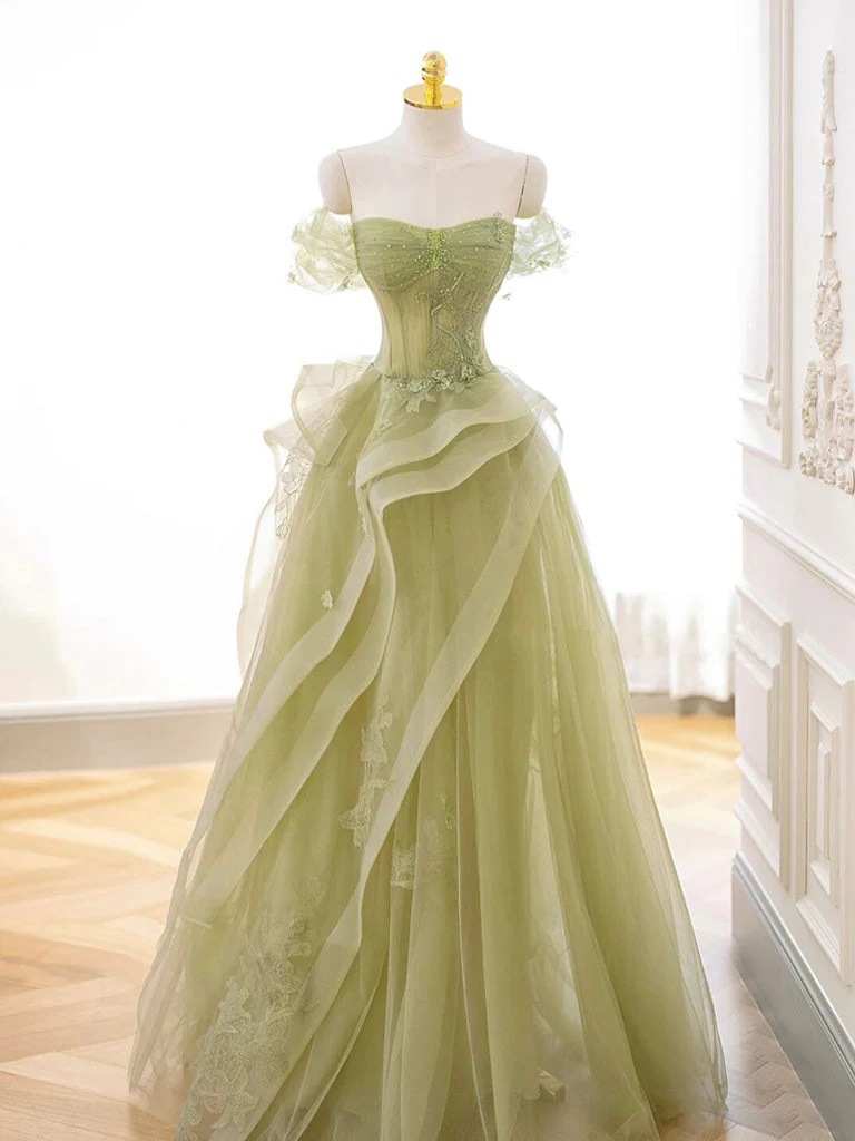 A Line Off Shoulder Green Tulle Long Prom Dress 2406