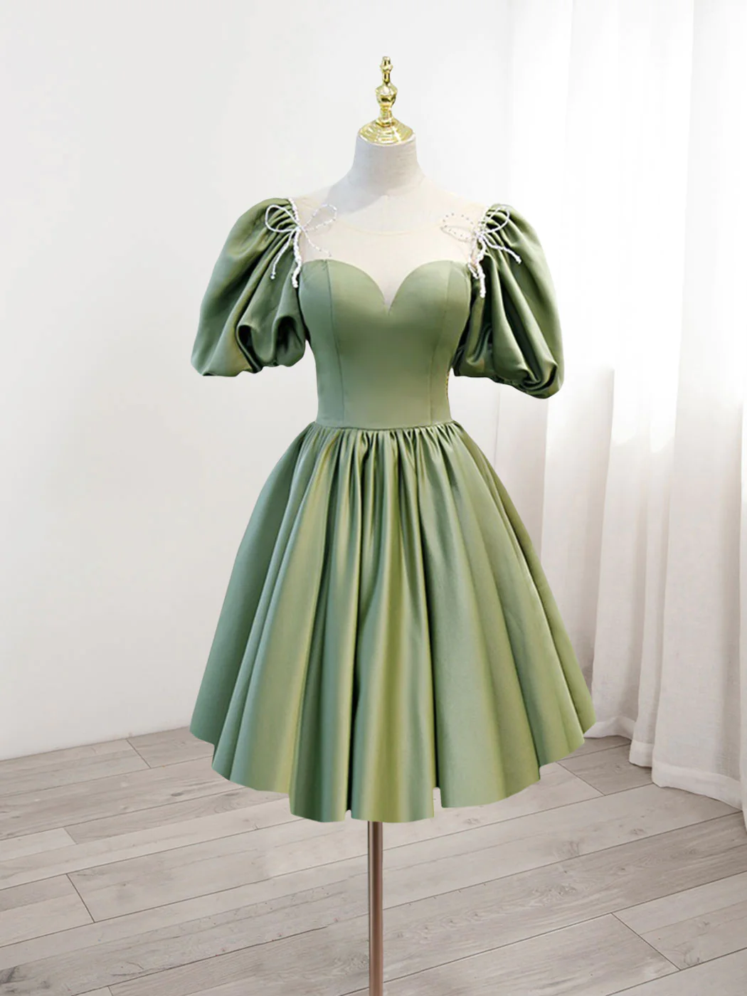 A Line Green Puffy Sleeve Satin Short Prom Dress Homecoming Dress 2412