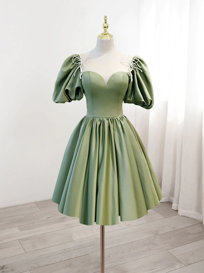 Robe de bal courte en satin vert à manches bouffantes, coupe trapèze, robe de soirée 2412