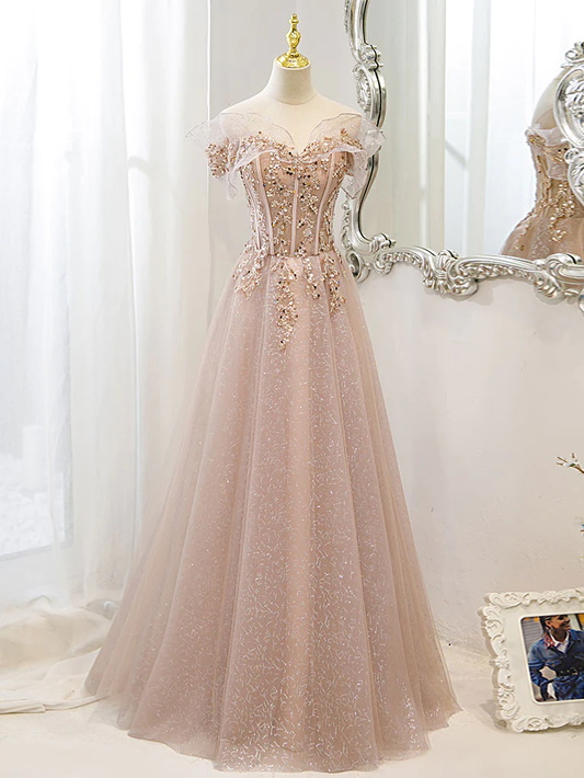 Off The Shoulder A Line Tulle Long Prom Dress Formal Evening Dress 2408