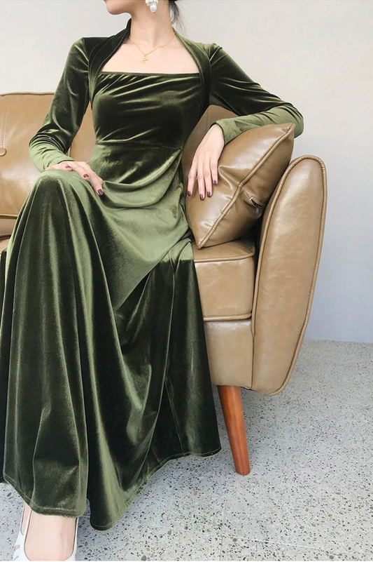 Long Sleeves Green Velvet Prom Dress A Line Evening Party Dress 2436