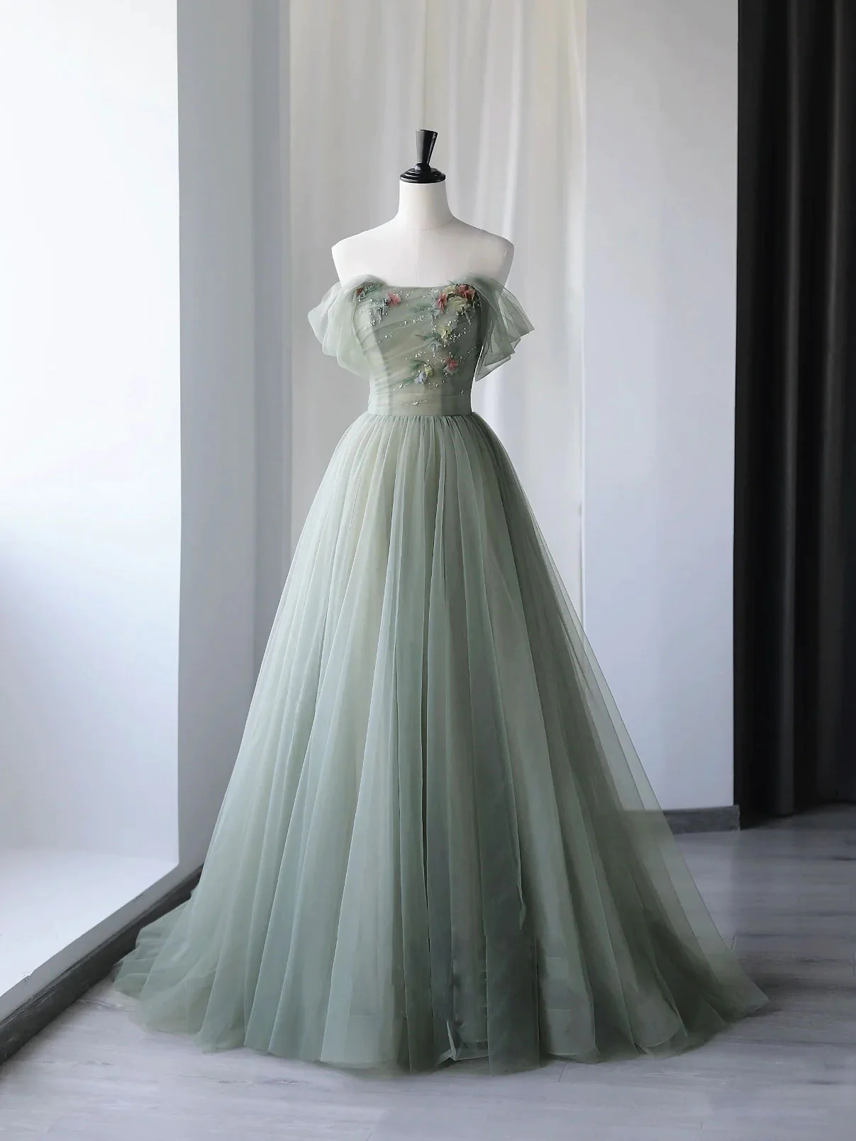 Gray Green Tulle Off Shoulder Long Prom Dress A Line Formal Graduation Dresses 2415