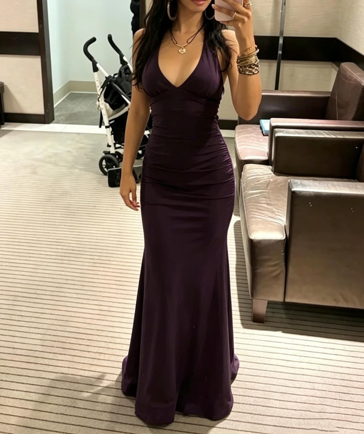 V Neck Purple Mermaid Satin Prom Dress Formal Evening Gown J10071