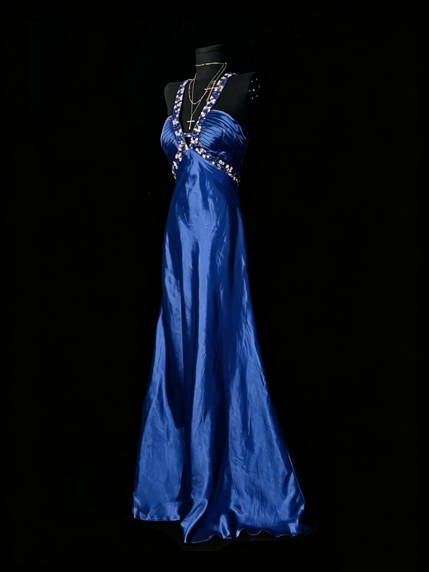 Beaded V Neck Red Satin Prom Dress Open Back Formal Evening Dress  J10133