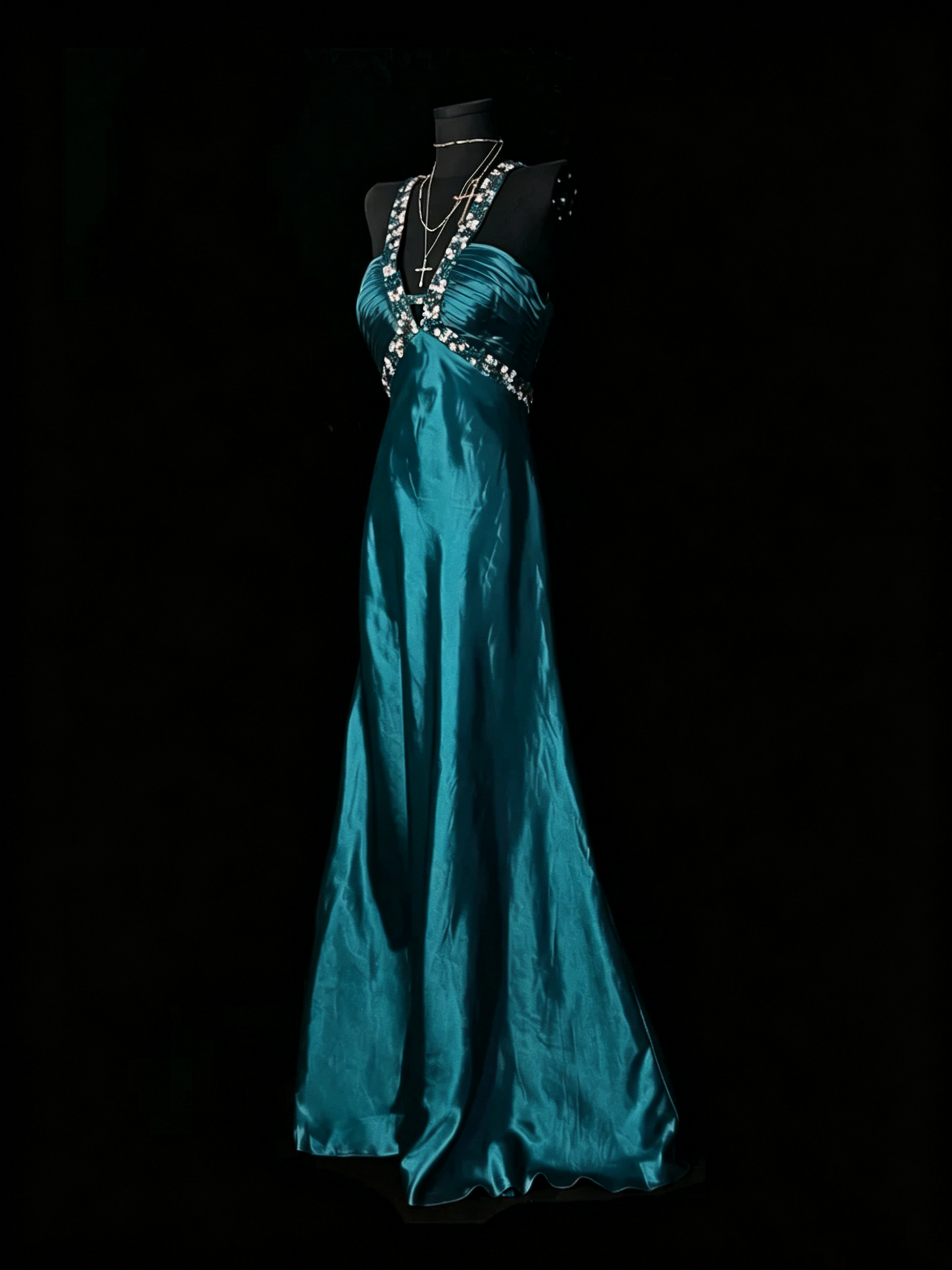 Beaded V Neck Red Satin Prom Dress Open Back Formal Evening Dress  J10133