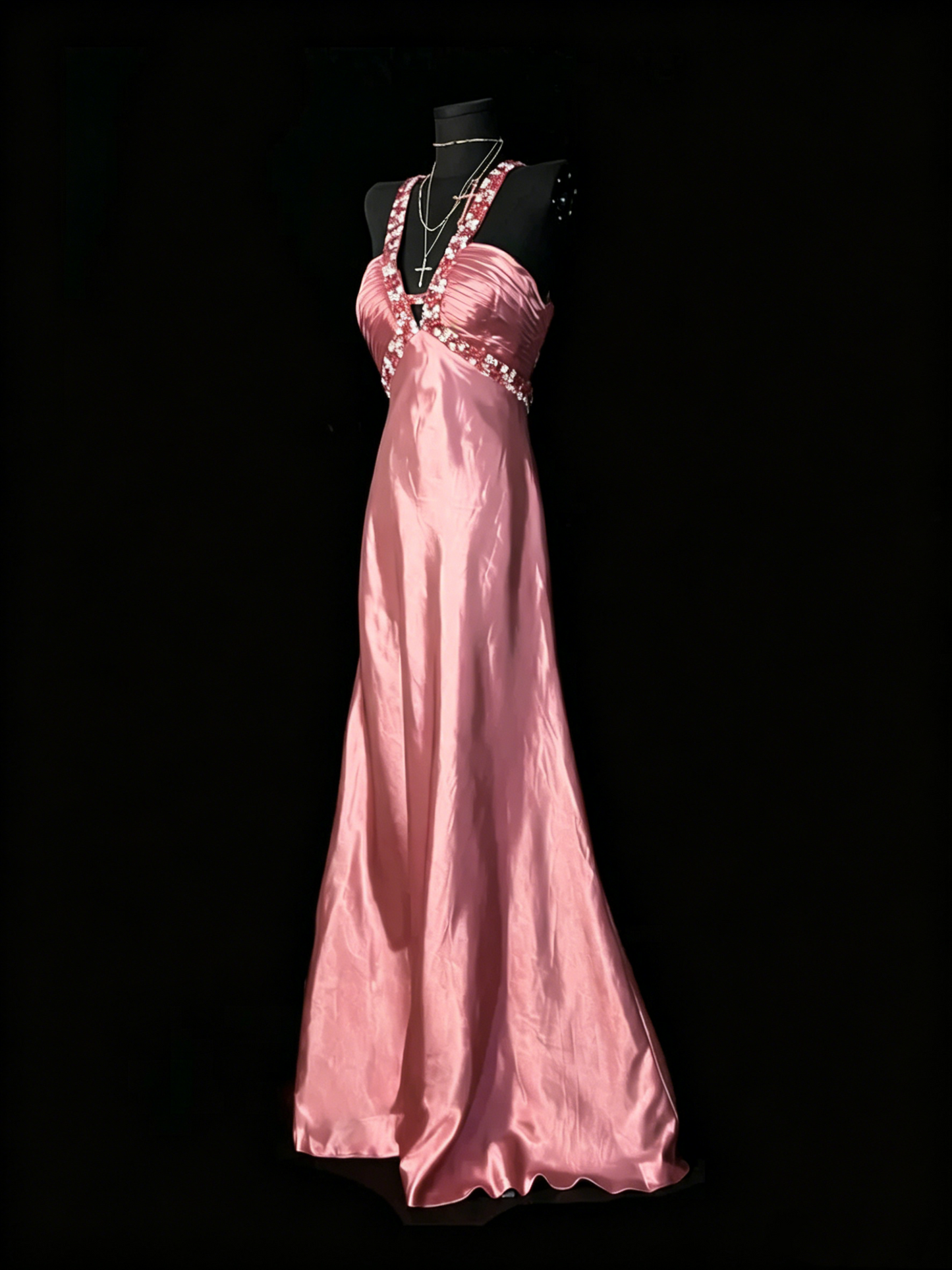 Beaded V Neck Red Satin Prom Dress Open Back Formal Evening Dress  J10133