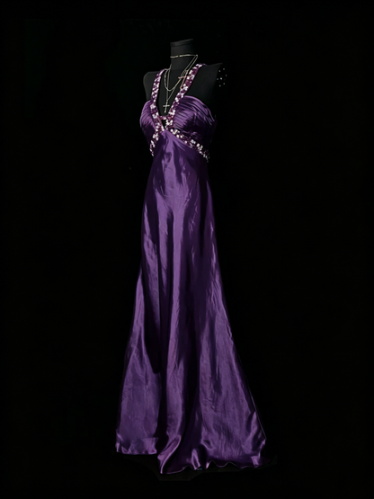 Beaded V Neck Red Satin Prom Dress Open Back Formal Evening Dress  J10133
