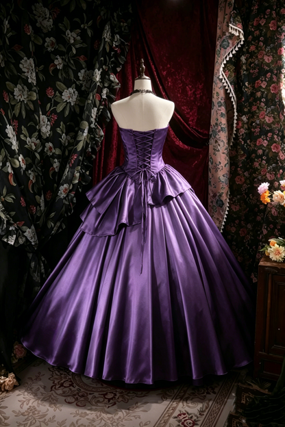 Robe de bal bustier violette en satin avec appliques, robe de soirée formelle J9413