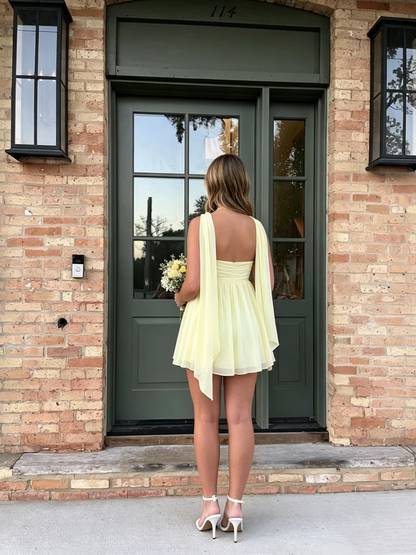 Sweetheart Yellow Chiffon Homecoming Dress With Scarf J10477