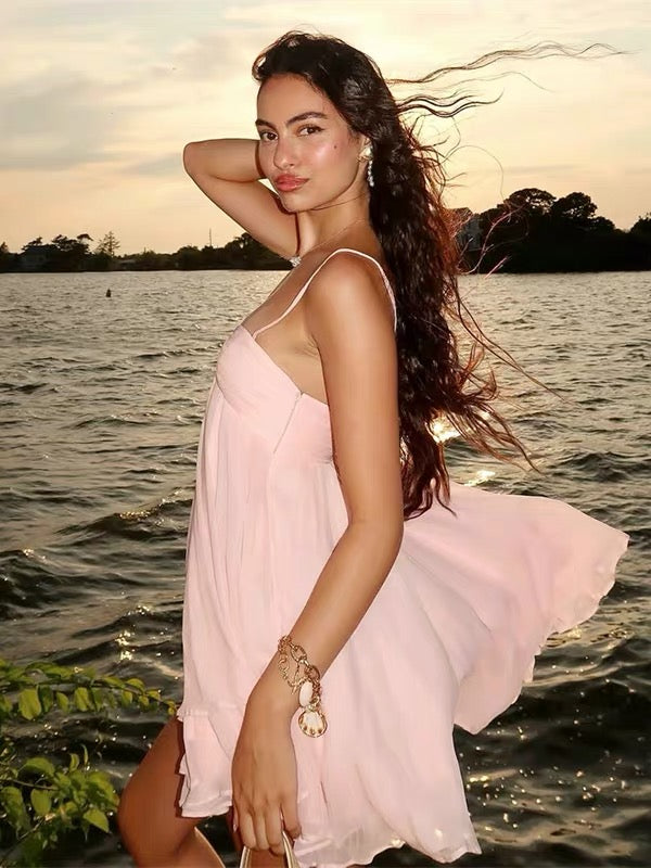 Spaghetti Straps A Line Pink Chiffon Homecoming Dress  J11044
