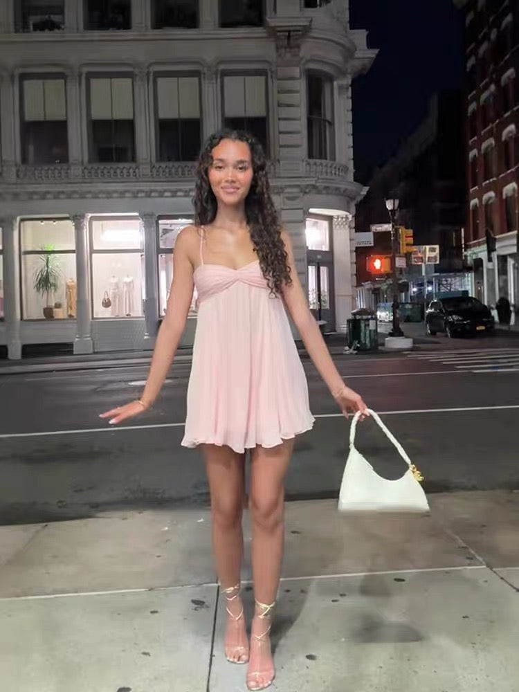 Spaghetti Straps A Line Pink Chiffon Homecoming Dress  J11044