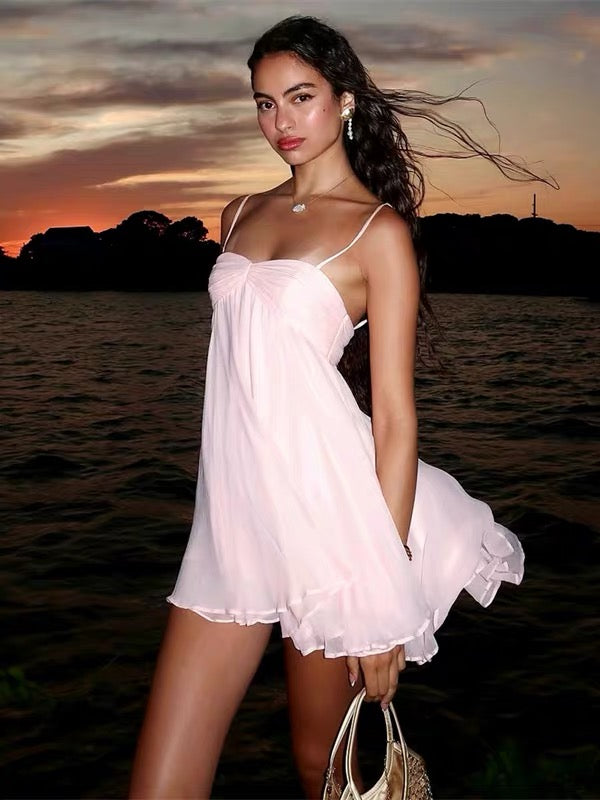 Spaghetti Straps A Line Pink Chiffon Homecoming Dress  J11044