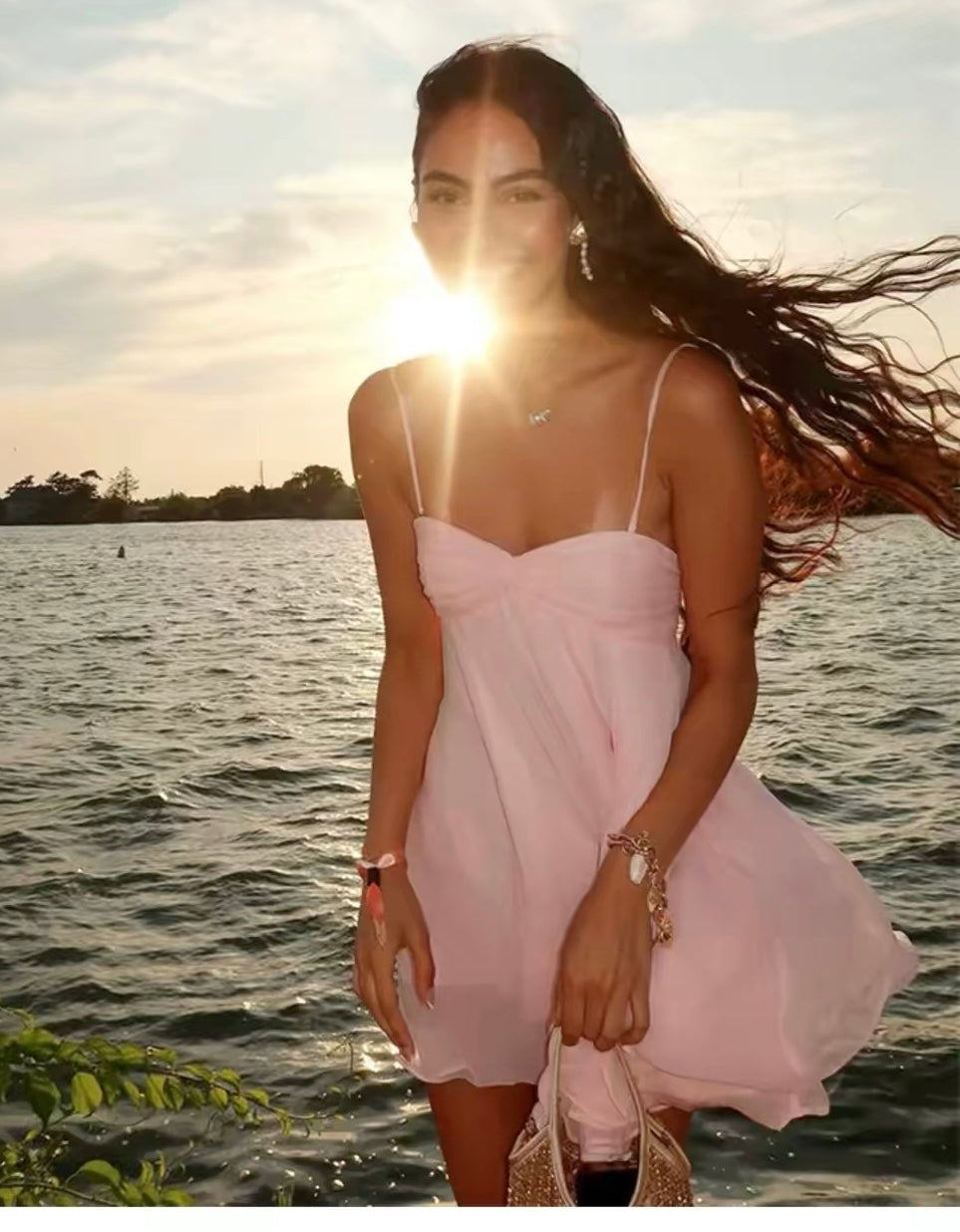 Spaghetti Straps A Line Pink Chiffon Homecoming Dress  J11044