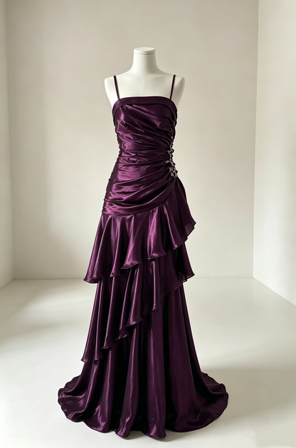 Spaghetti Straps Purple Satin Formal Prom Dress Ruffled Birthday Dress   J11180