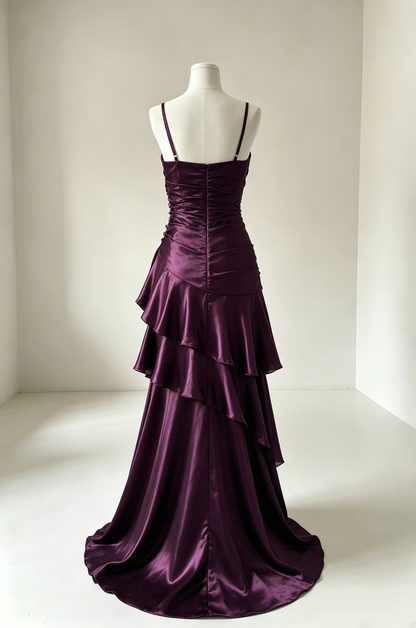 Spaghetti Straps Purple Satin Formal Prom Dress Ruffled Birthday Dress   J11180